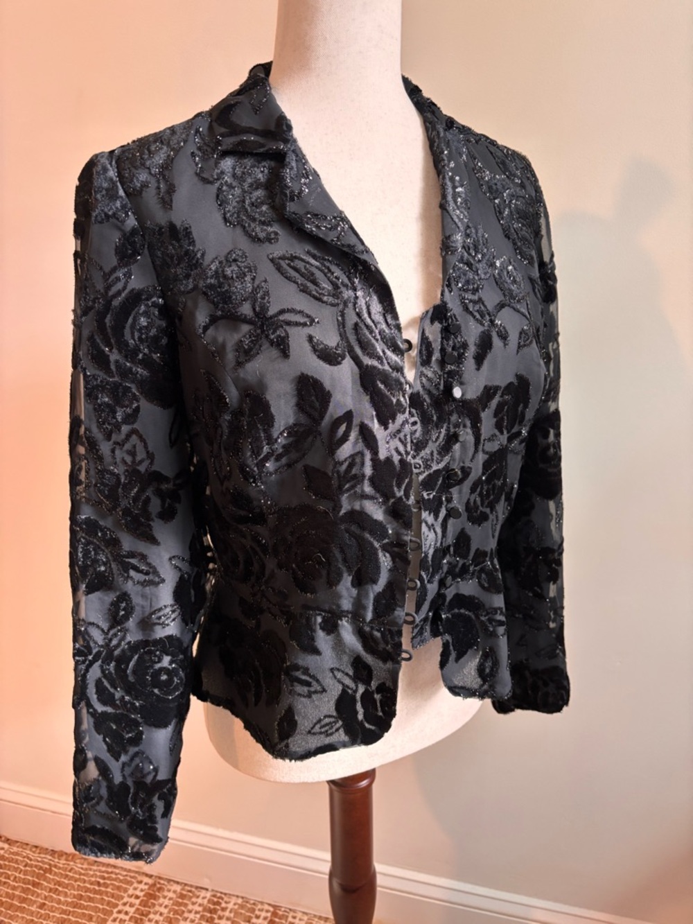 Talbots Black Burnout Velvet Sheer Floral Blazer Jacket Size 4 Evening Formal